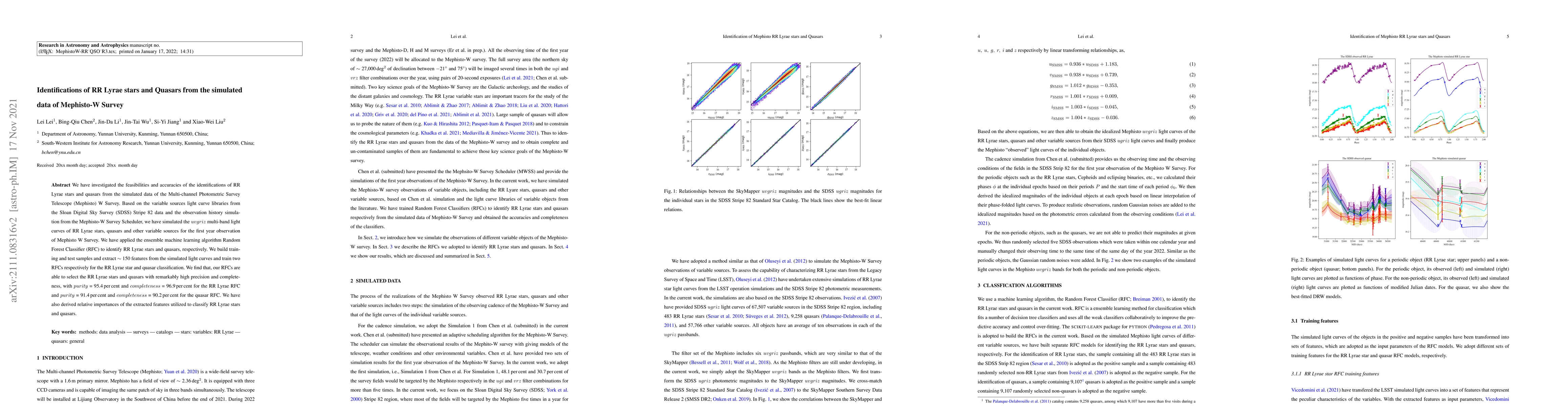 Thumbnail for Identifications of RR Lyrae stars and Quasars from the simulated data of
  Mephisto-W Survey