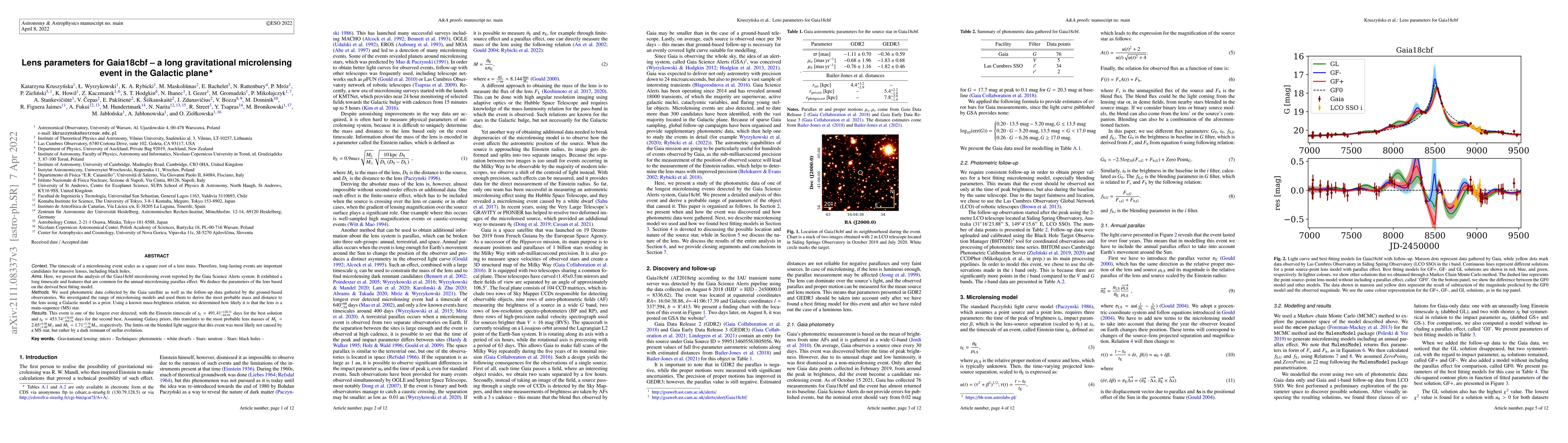 Thumbnail for Lens parameters for Gaia18cbf -- a long gravitational microlensing event
  in the Galactic plane
