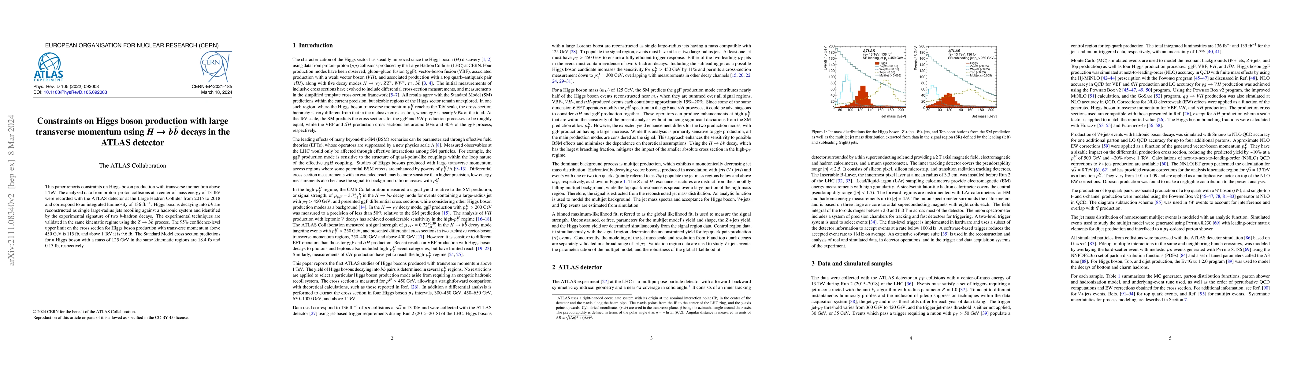 Thumbnail for Constraints on Higgs boson production with large transverse momentum
  using $H\rightarrow b\bar{b}$ decays in the ATLAS detector