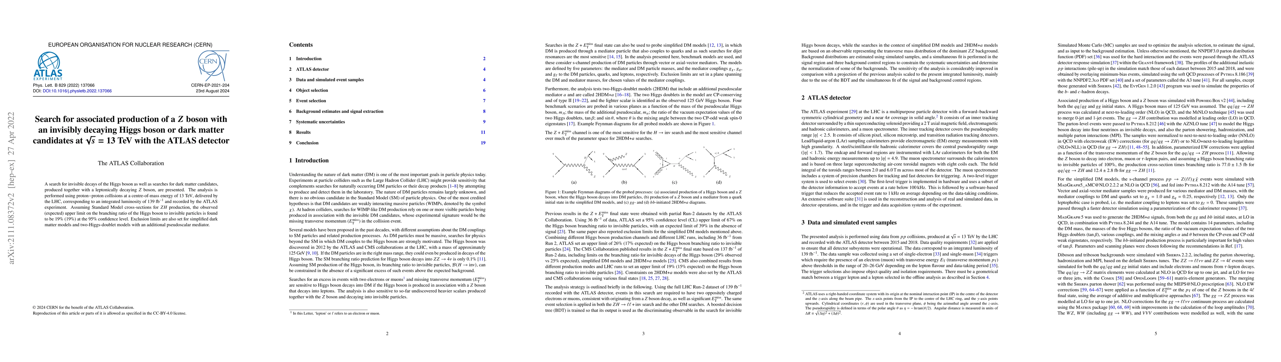 Thumbnail for Search for associated production of a $Z$ boson with an invisibly
  decaying Higgs boson or dark matter candidates at $\sqrt{s}=13$ TeV with the
  ATLAS detector