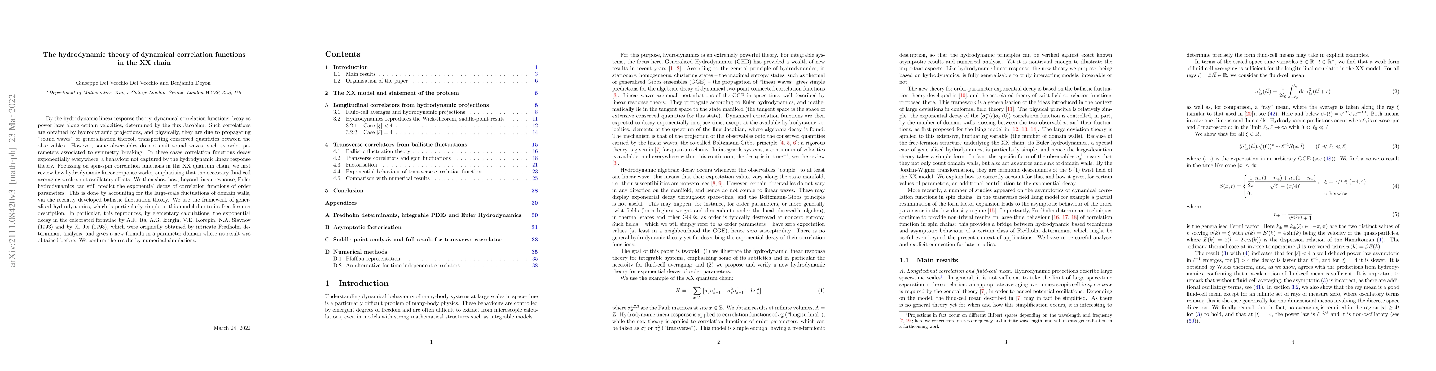 Thumbnail for The hydrodynamic theory of dynamical correlation functions in the XX
  chain