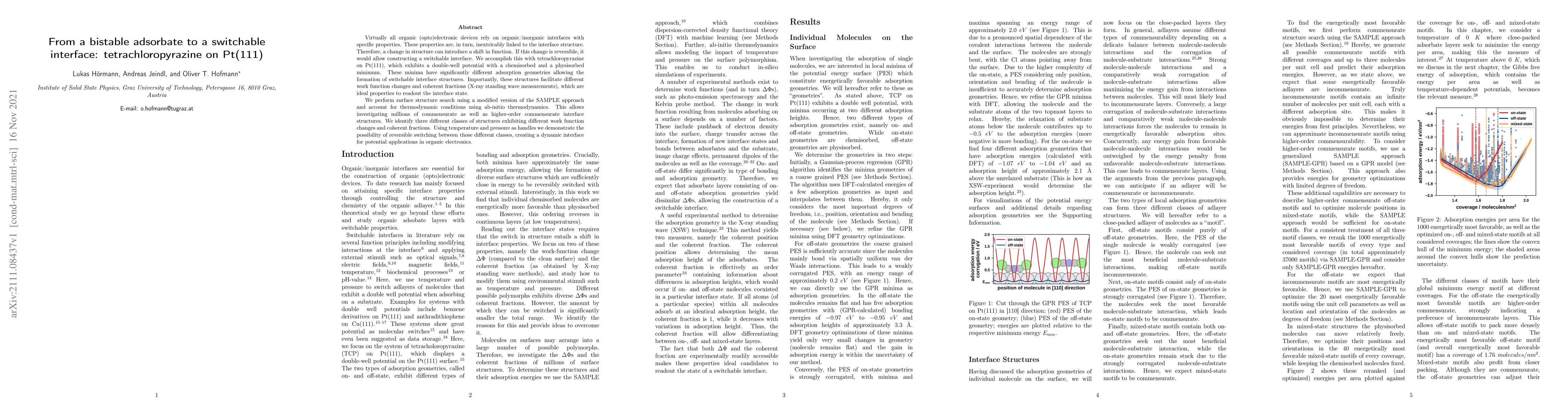 Thumbnail for From a bistable adsorbate to a switchable interface: tetrachloropyrazine
  on Pt(111)