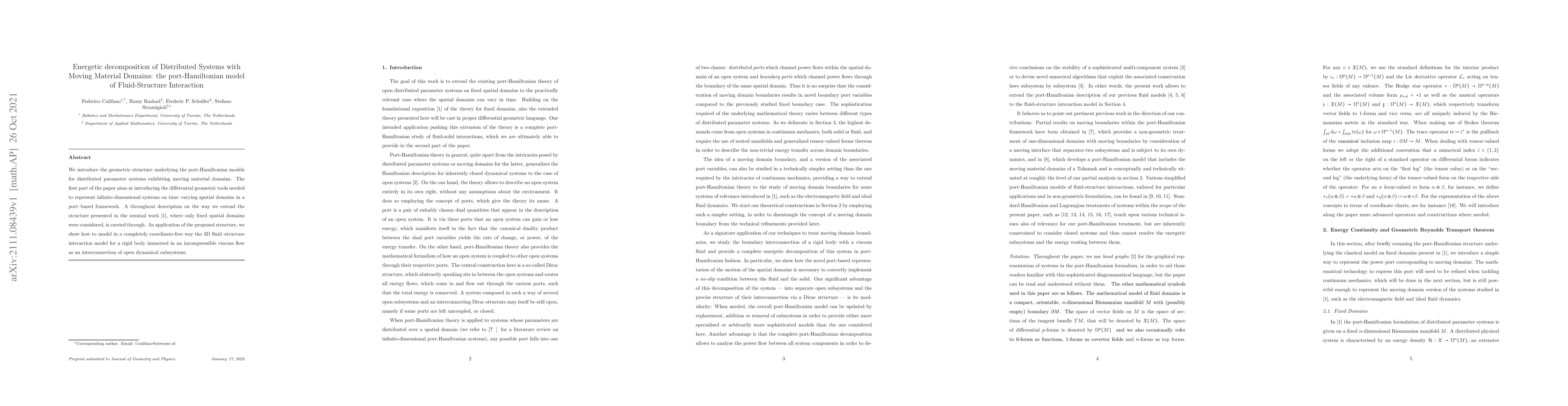 Thumbnail for Energetic decomposition of Distributed Systems with Moving Material
  Domains: the port-Hamiltonian model of Fluid-Structure Interaction