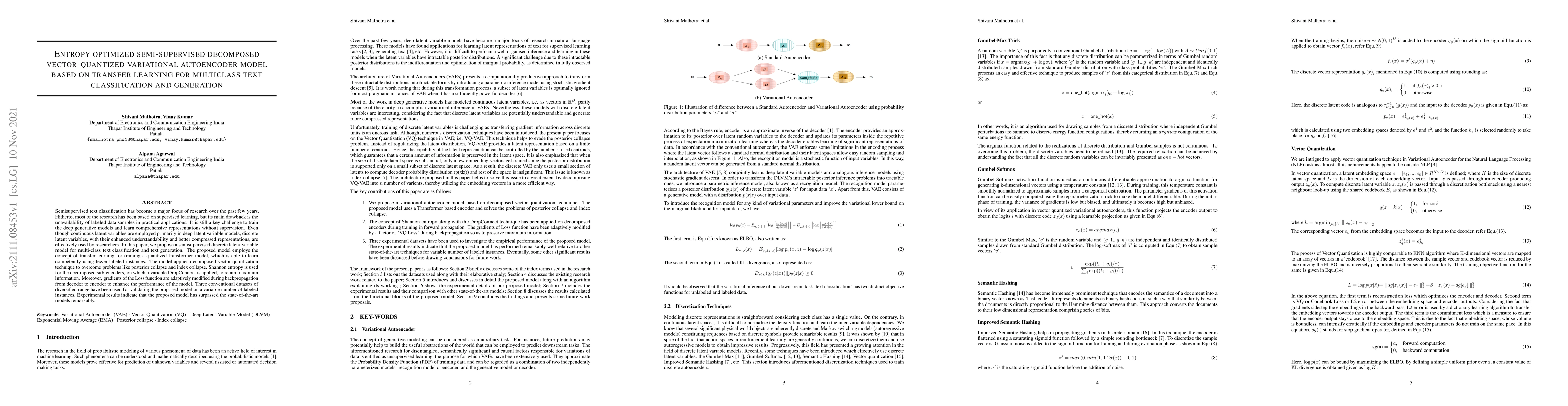 Thumbnail for Entropy optimized semi-supervised decomposed vector-quantized
  variational autoencoder model based on transfer learning for multiclass text
  classification and generation