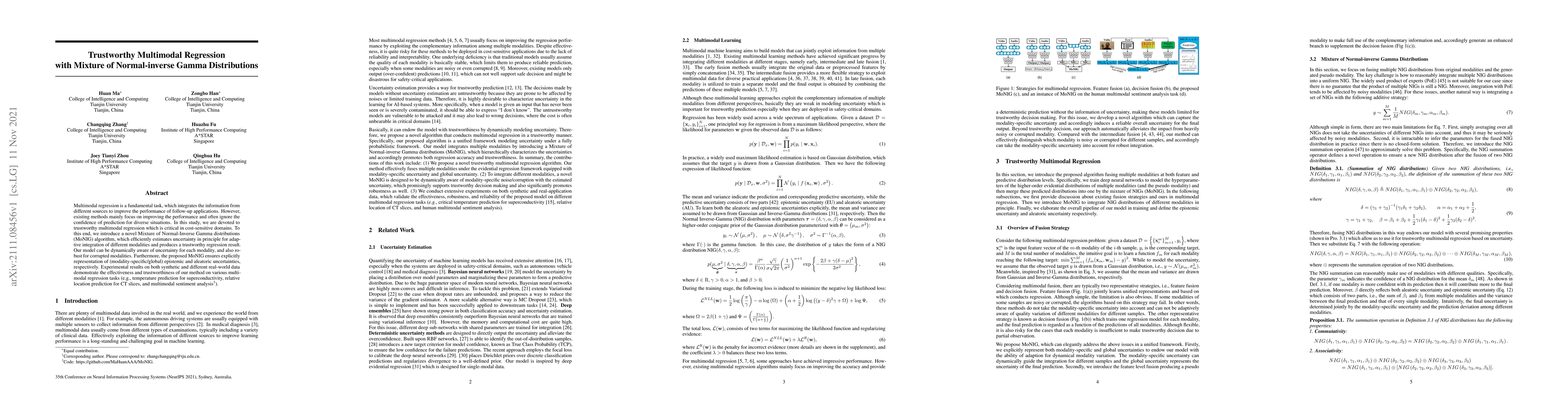Thumbnail for Trustworthy Multimodal Regression with Mixture of Normal-inverse Gamma
  Distributions
