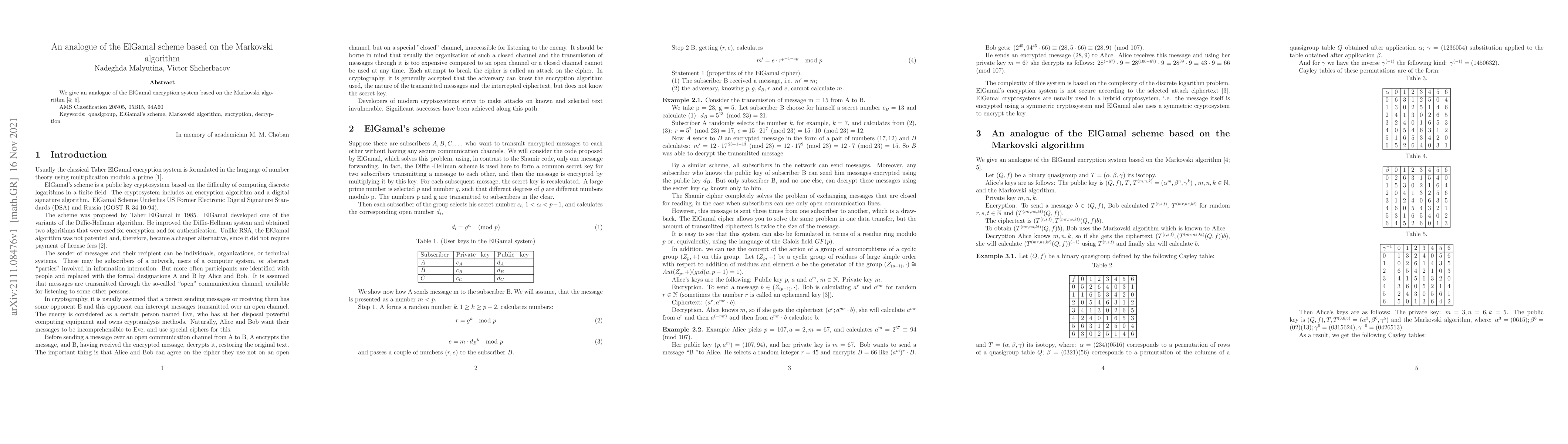 Thumbnail for An analogue of the ElGamal scheme based on the Markovski algorithm