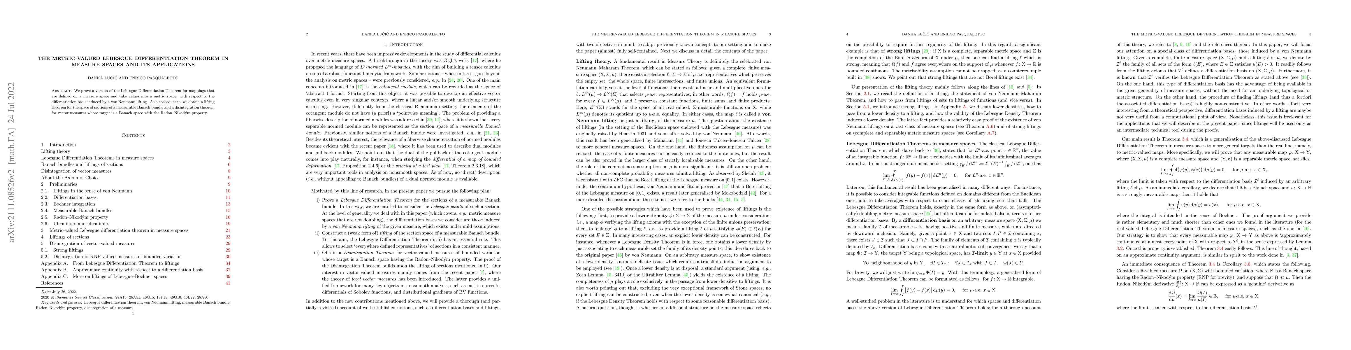 Thumbnail for The metric-valued Lebesgue differentiation theorem in measure spaces and
  its applications
