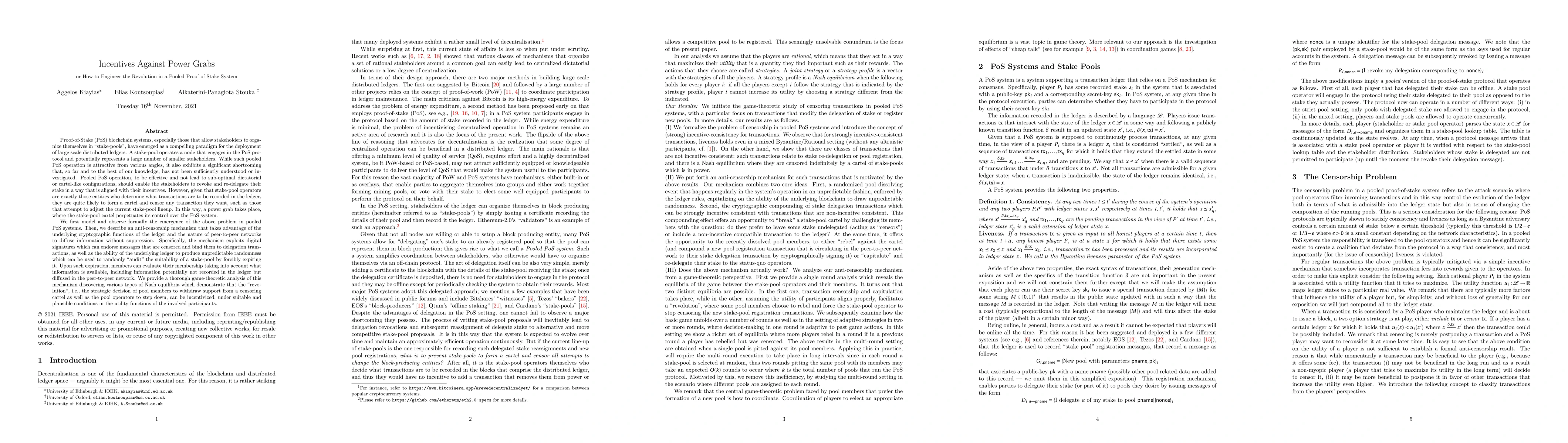 Thumbnail for Incentives Against Power Grabs or How to Engineer the Revolution in a
  Pooled Proof of Stake System