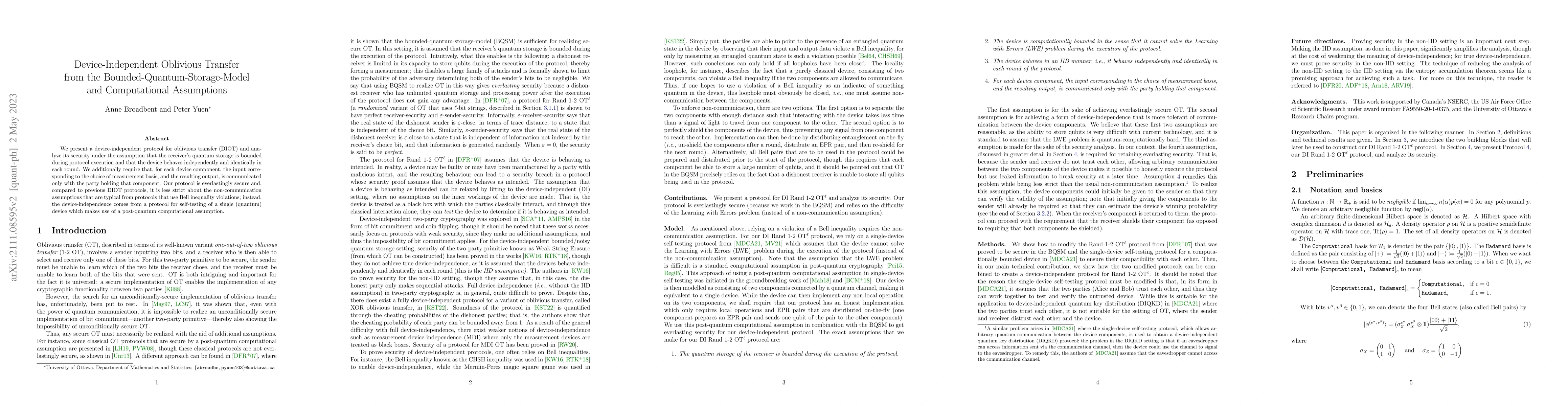 Thumbnail for Device-Independent Oblivious Transfer from the
  Bounded-Quantum-Storage-Model and Computational Assumptions