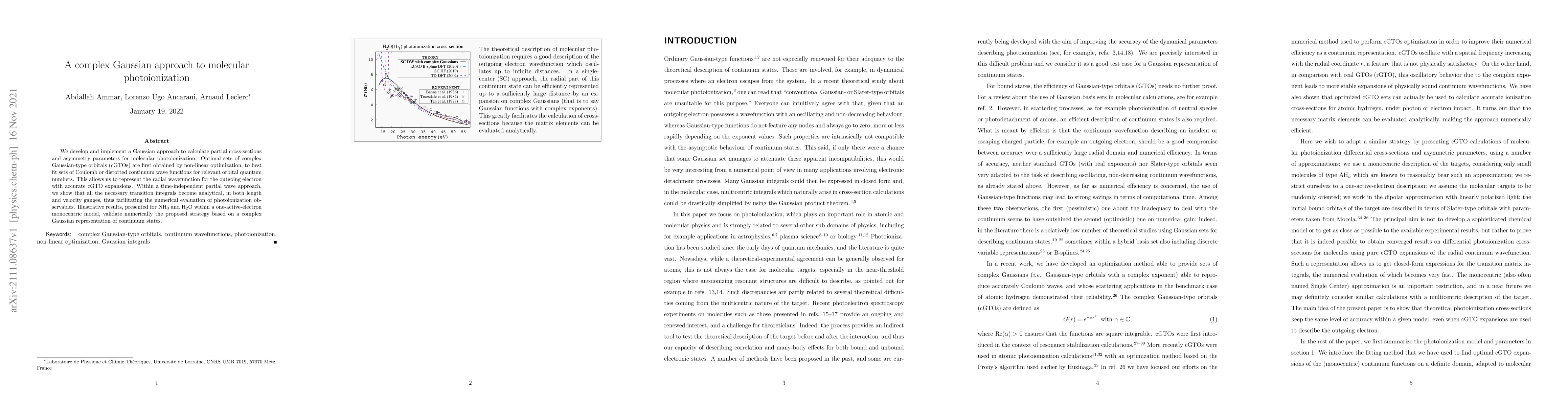 Thumbnail for A complex Gaussian approach to molecular photoionization