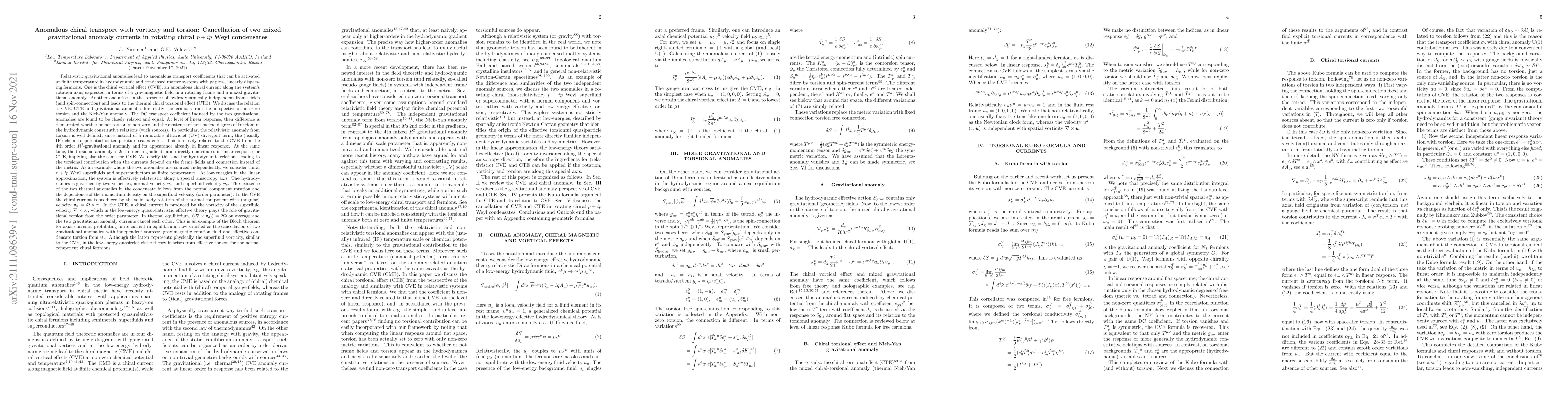 Thumbnail for Anomalous chiral transport with vorticity and torsion: Cancellation of
  two mixed gravitational anomaly currents in rotating chiral $p+ip$ Weyl
  condensates