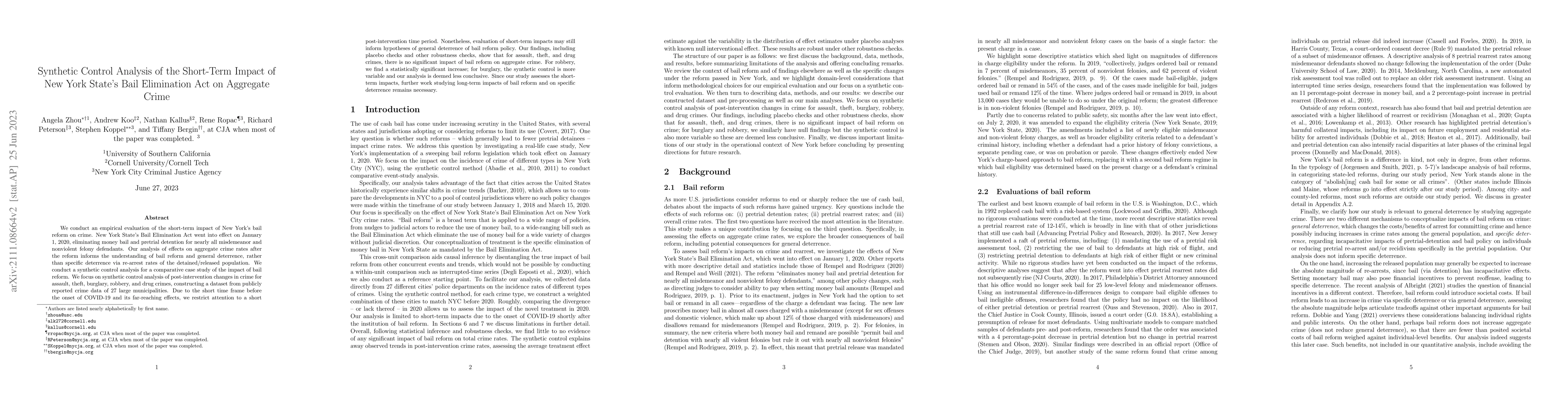 Thumbnail for An Empirical Evaluation of the Impact of New York's Bail Reform on Crime
  Using Synthetic Controls