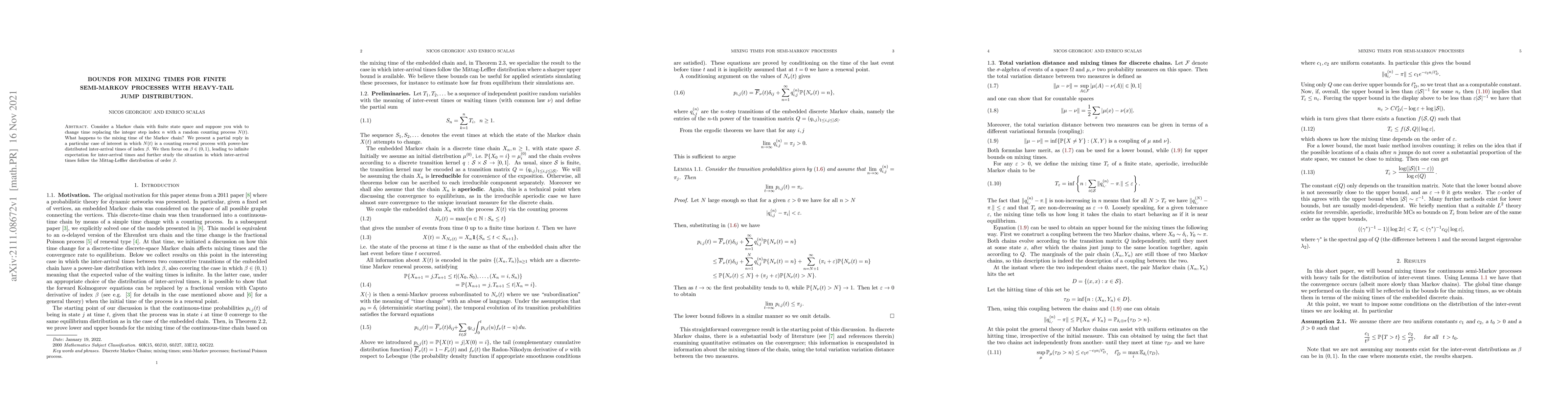 Thumbnail for Bounds for mixing times for finite semi-Markov processes with heavy-tail
  jump distribution