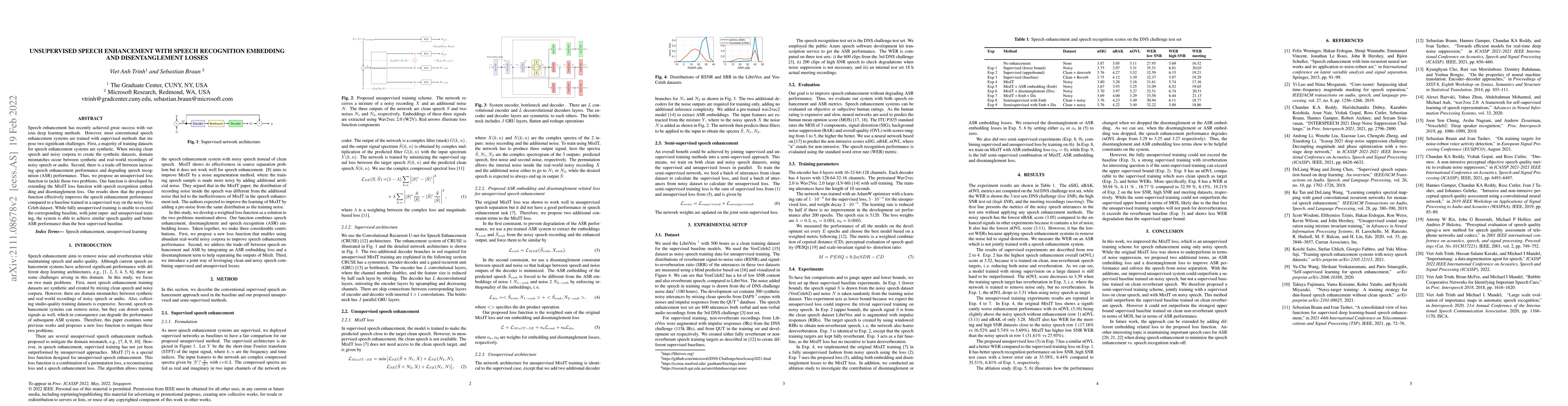 Thumbnail for Unsupervised Speech Enhancement with speech recognition embedding and
  disentanglement losses