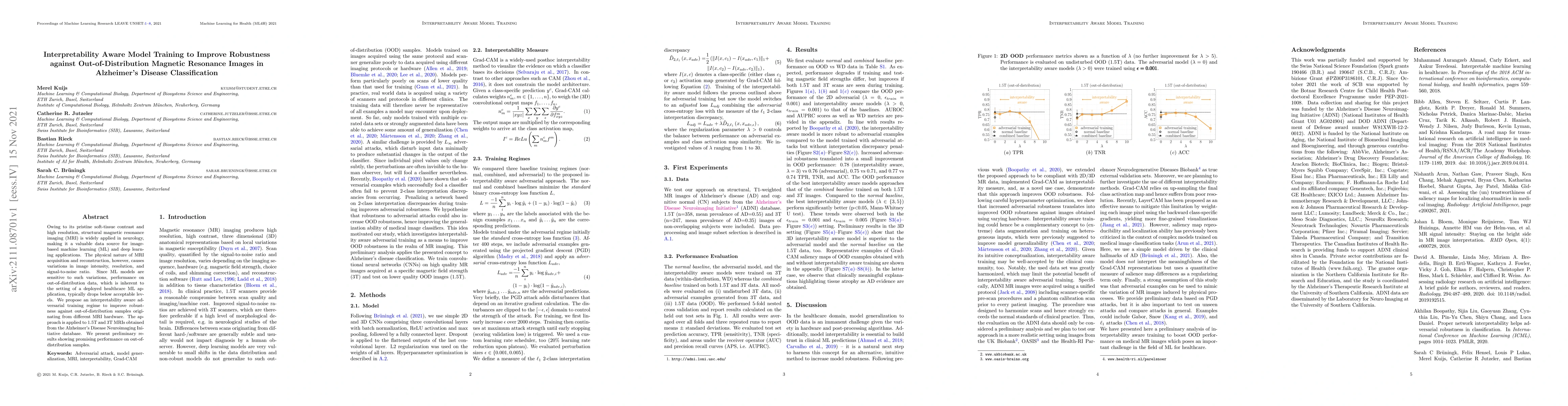 Thumbnail for Interpretability Aware Model Training to Improve Robustness against
  Out-of-Distribution Magnetic Resonance Images in Alzheimer's Disease
  Classification