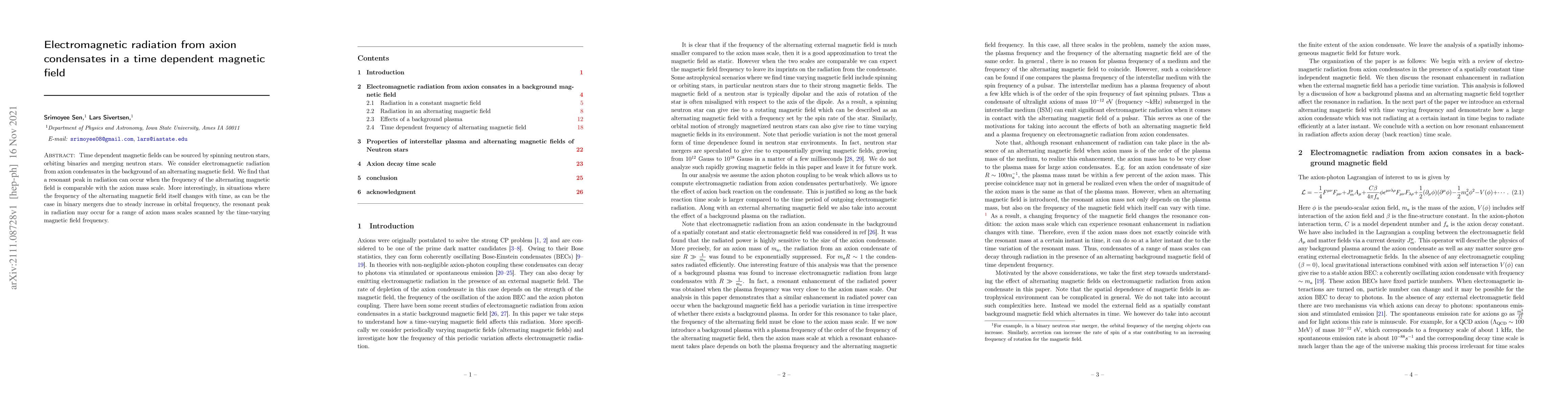 Thumbnail for Electromagnetic radiation from axion condensates in a time dependent
  magnetic field