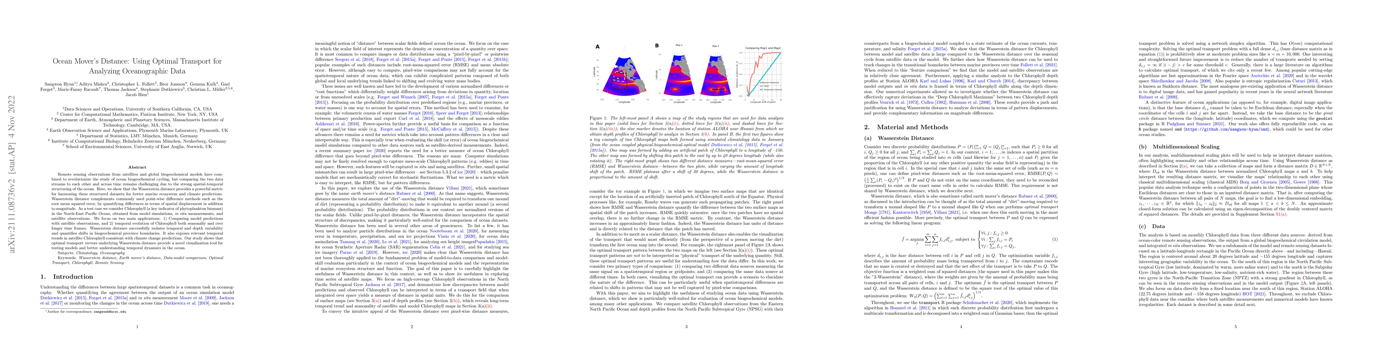 Thumbnail for Ocean Mover's Distance: Using Optimal Transport for Analyzing
  Oceanographic Data
