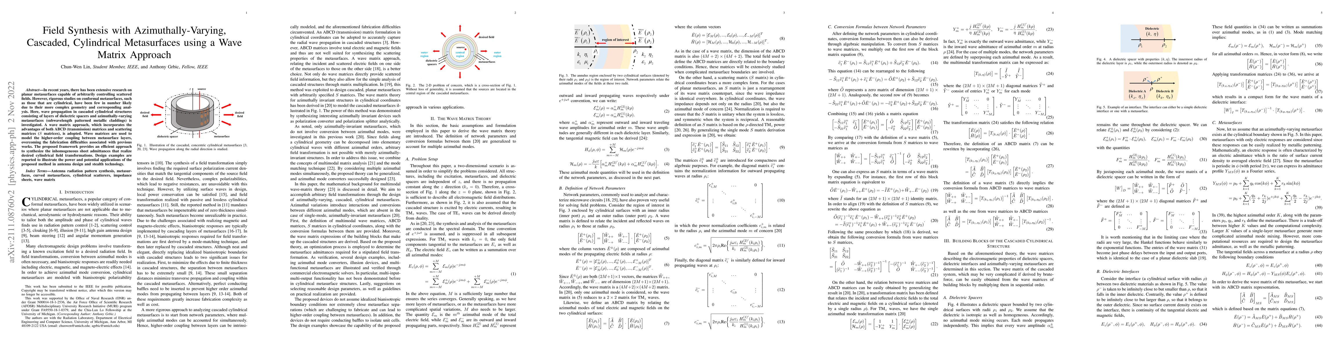 Thumbnail for Field Synthesis with Azimuthally-Varying, Cascaded, Cylindrical
  Metasurfaces using a Wave Matrix Approach