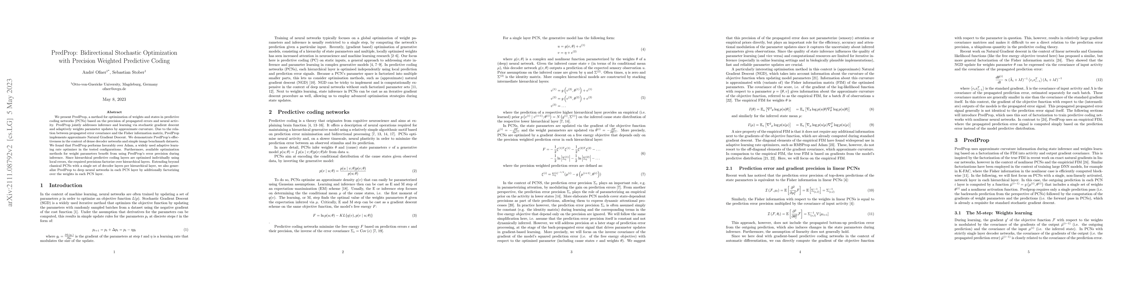 Thumbnail for PredProp: Bidirectional Stochastic Optimization with Precision Weighted
  Predictive Coding