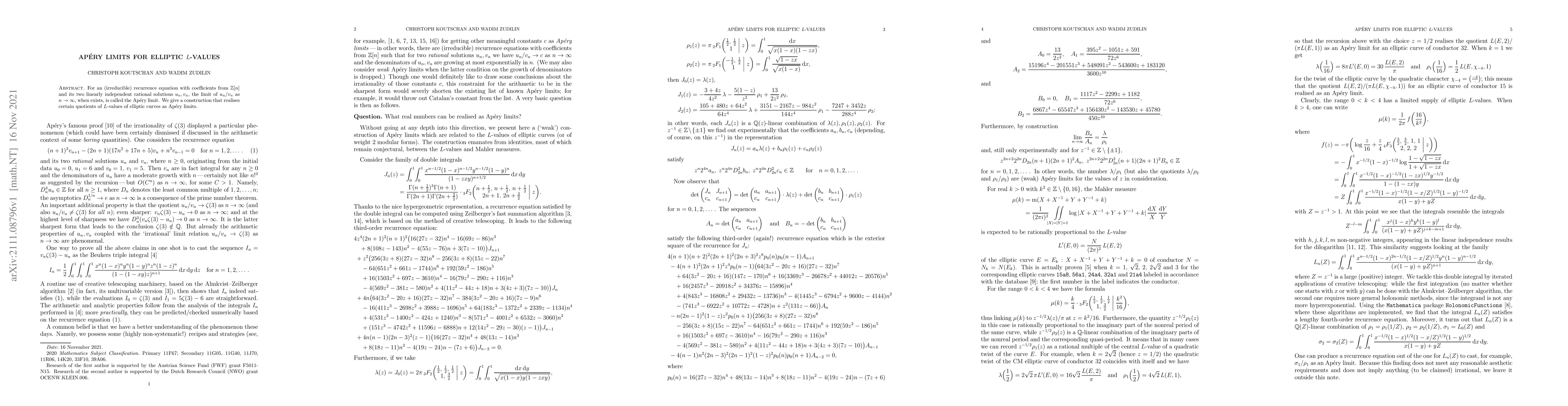 Thumbnail for Ap\'ery limits for elliptic $L$-values