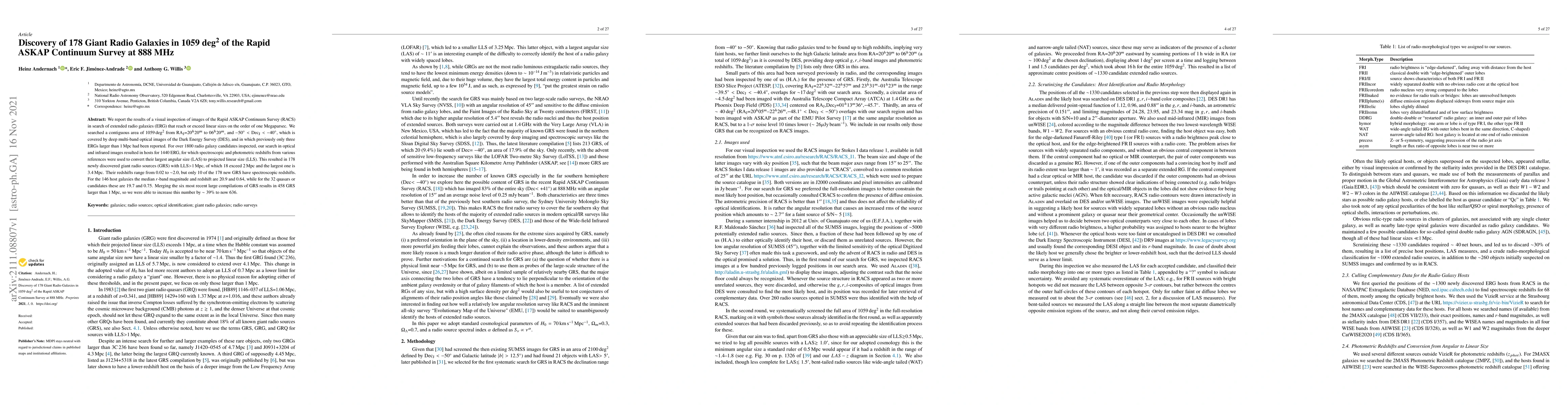 Thumbnail for Discovery of 178 Giant Radio Galaxies in 1059 deg$^2$ of the Rapid ASKAP
  Continuum Survey at 888 MHz