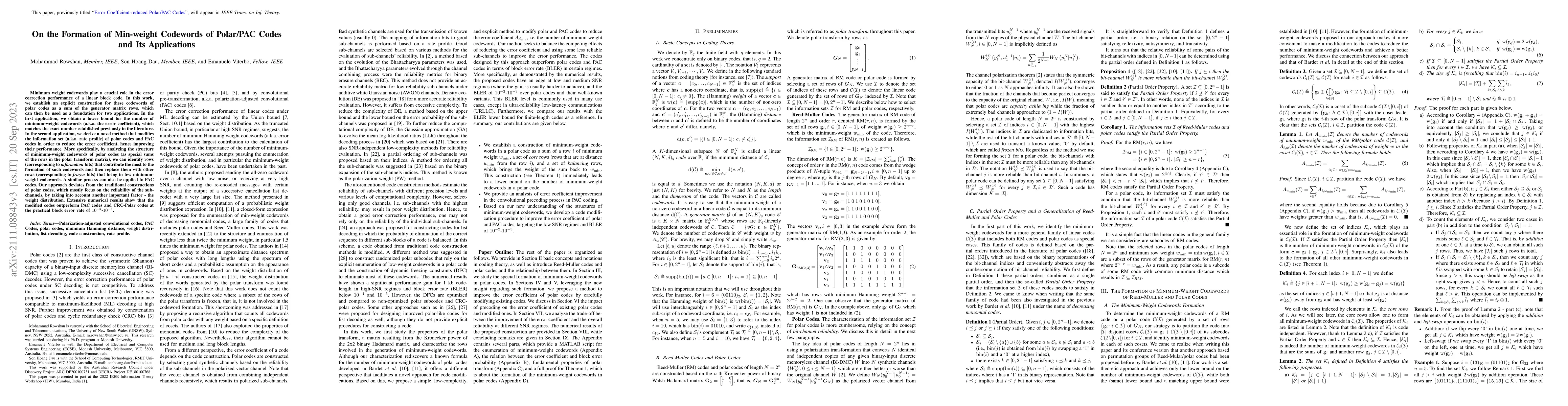 Thumbnail for On the Formation of Min-weight Codewords of Polar/PAC Codes and Its
  Applications