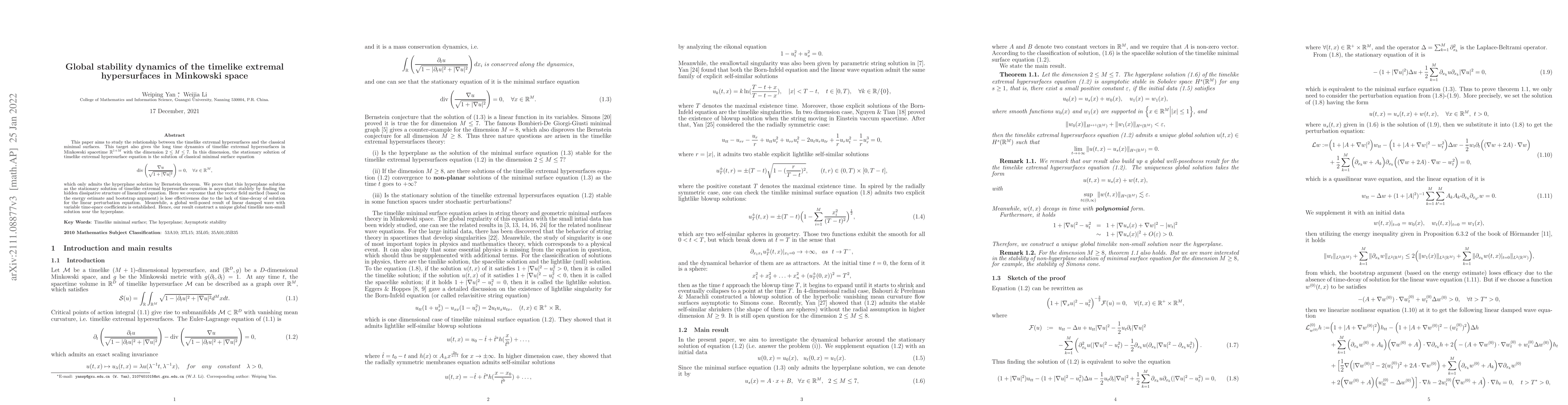 Thumbnail for Global stability dynamics of the timelike extremal hypersurfaces in
  Minkowski space