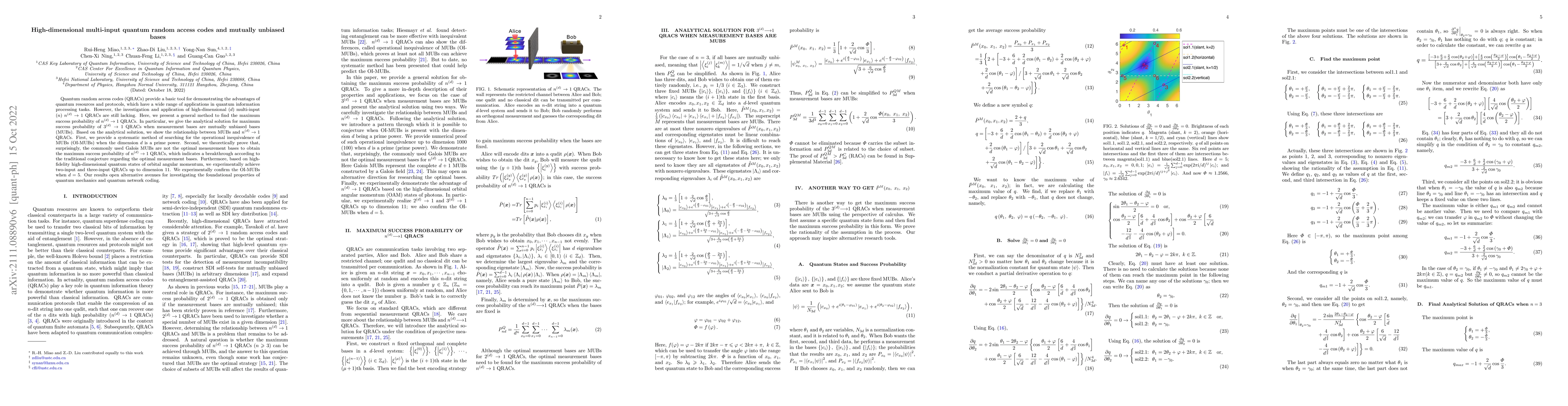 Thumbnail for High-dimensional multi-input quantum random access codes and mutually
  unbiased bases