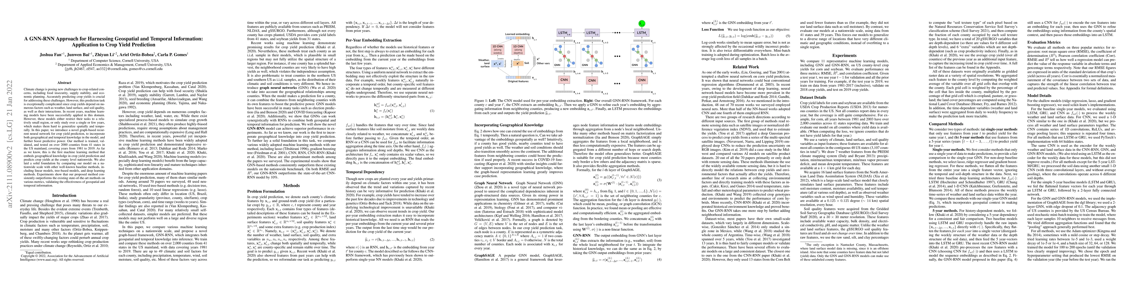 Thumbnail for A GNN-RNN Approach for Harnessing Geospatial and Temporal Information:
  Application to Crop Yield Prediction