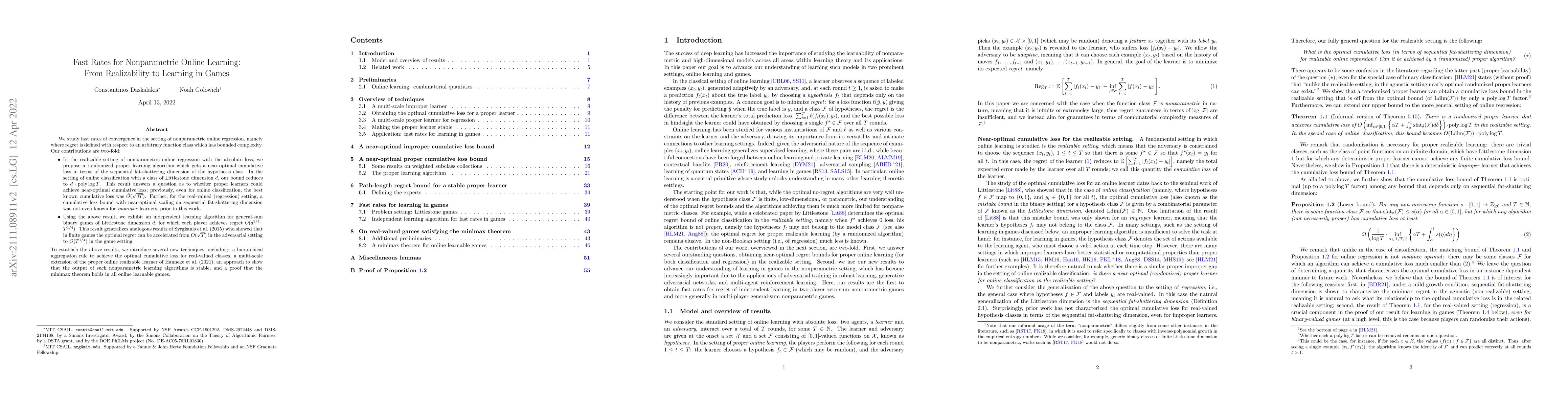 Thumbnail for Fast Rates for Nonparametric Online Learning: From Realizability to
  Learning in Games