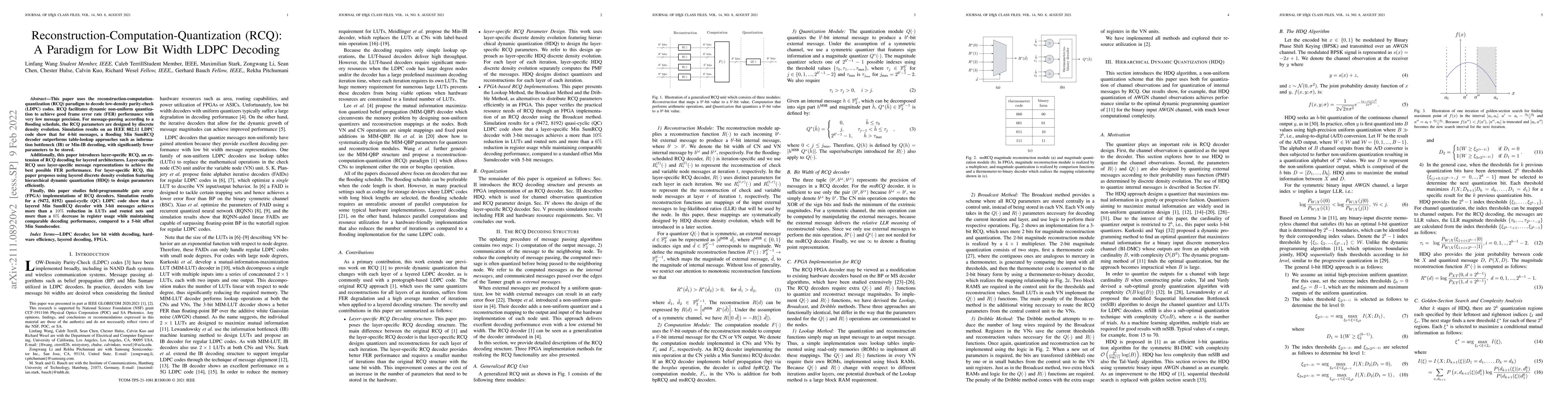 Thumbnail for Reconstruction-Computation-Quantization (RCQ): A Paradigm for Low Bit
  Width LDPC Decoding