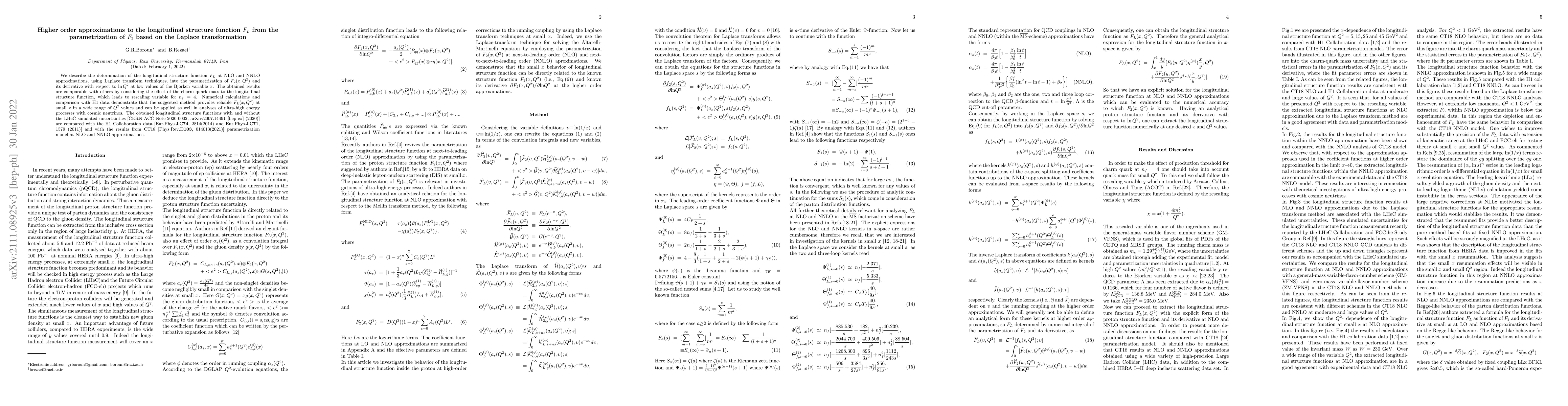 Thumbnail for Higher order approximations to the longitudinal structure function
  $F_{L}$ from the parametrization of $F_{2}$ based on the Laplace
  transformation