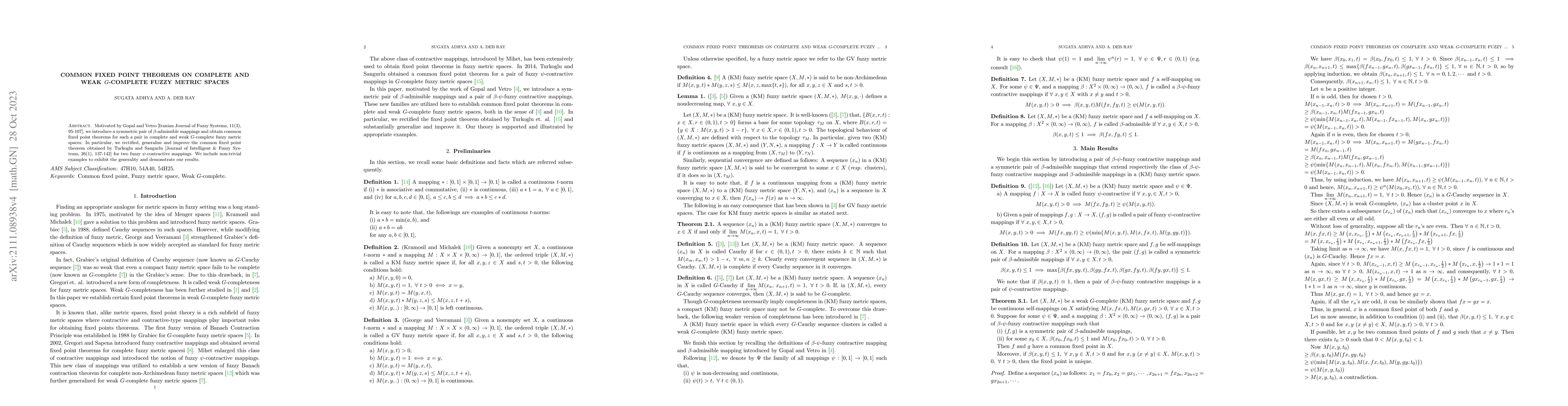 Thumbnail for Common Fixed Point Theorems on Complete and Weak $G$-Complete Fuzzy
  Metric Spaces