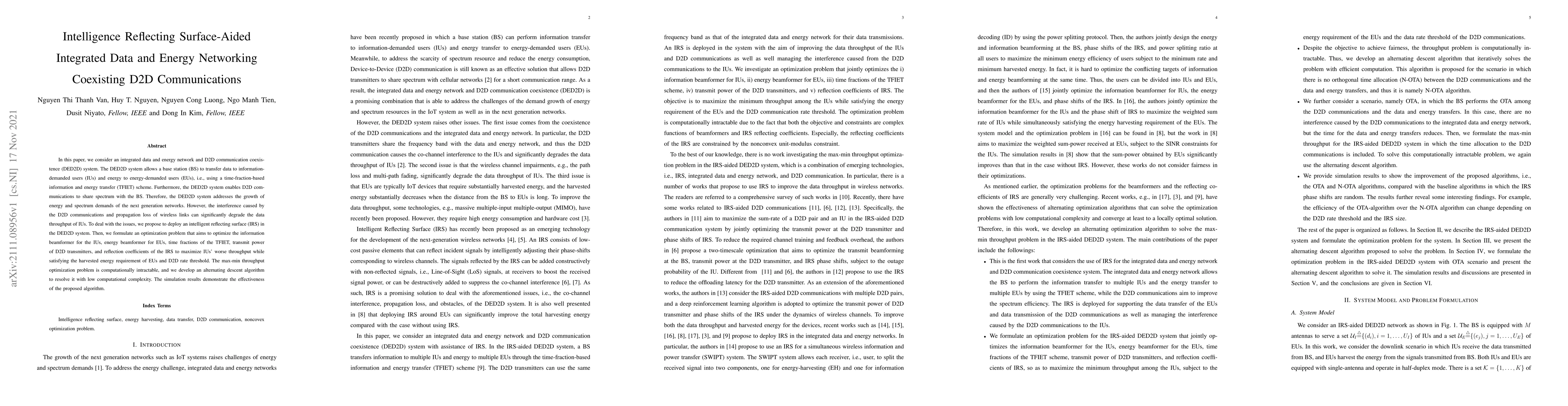 Thumbnail for Intelligence Reflecting Surface-Aided Integrated Data and Energy
  Networking Coexisting D2D Communications