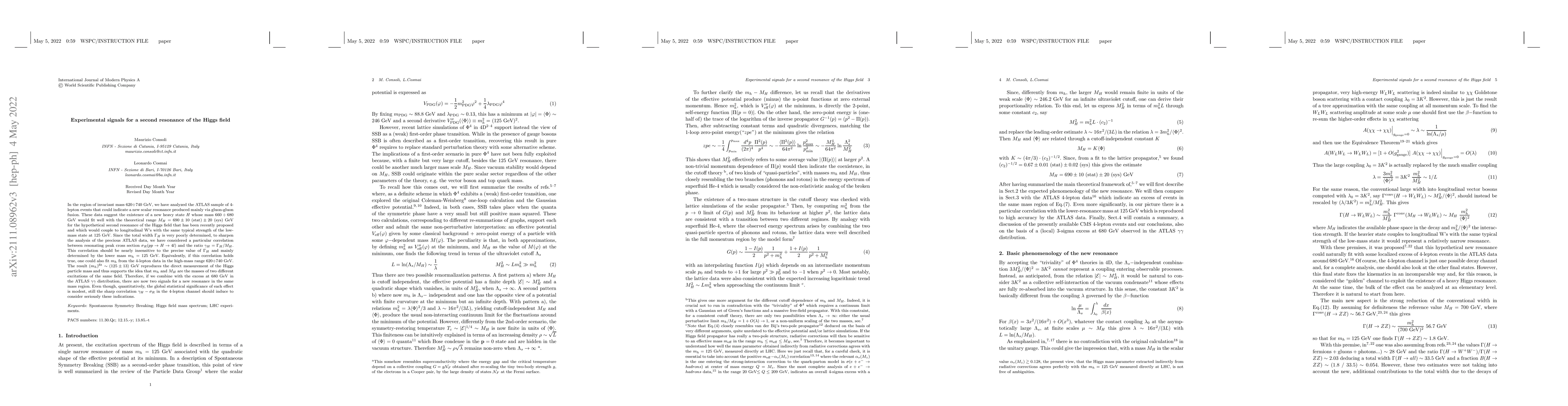 Thumbnail for Experimental signals for a second resonance of the Higgs field