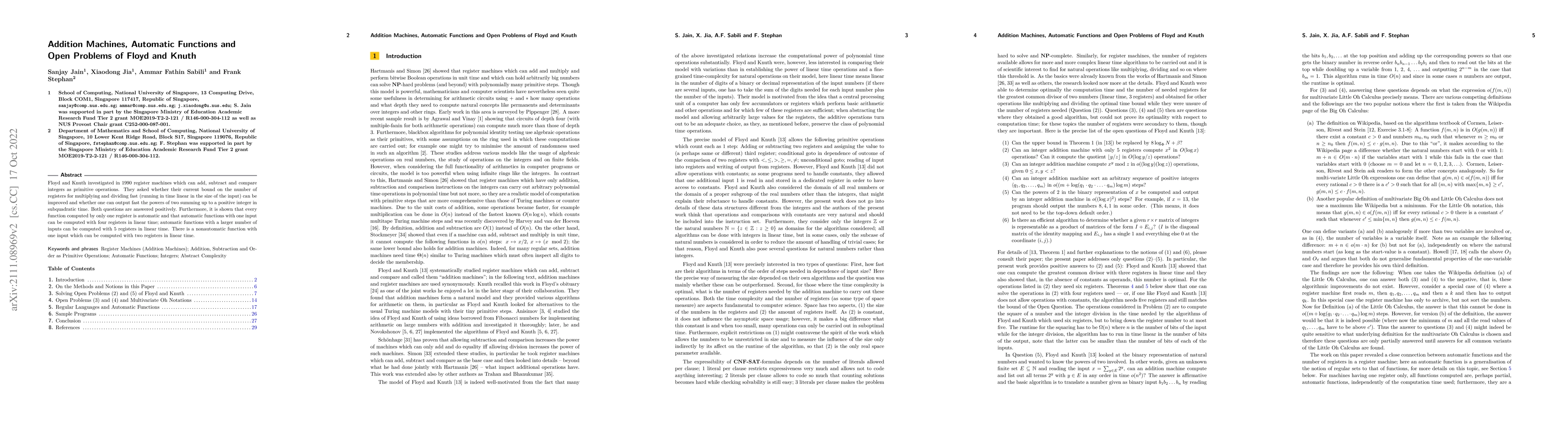 Thumbnail for Addition Machines, Automatic Functions and Open Problems of Floyd and
  Knuth