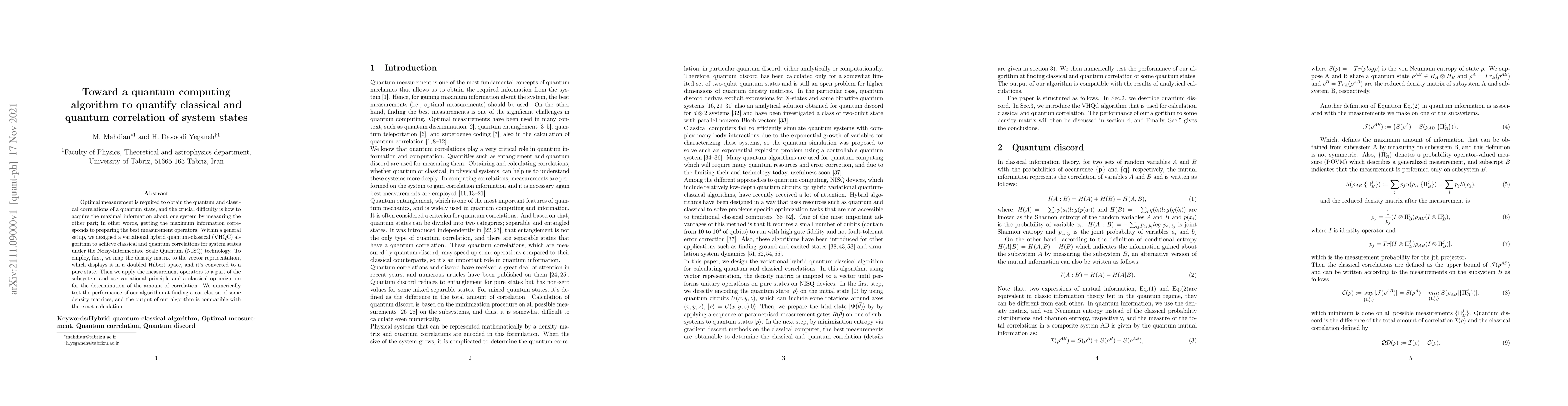 Thumbnail for Toward a quantum computing algorithm to quantify classical and quantum
  correlation of system states