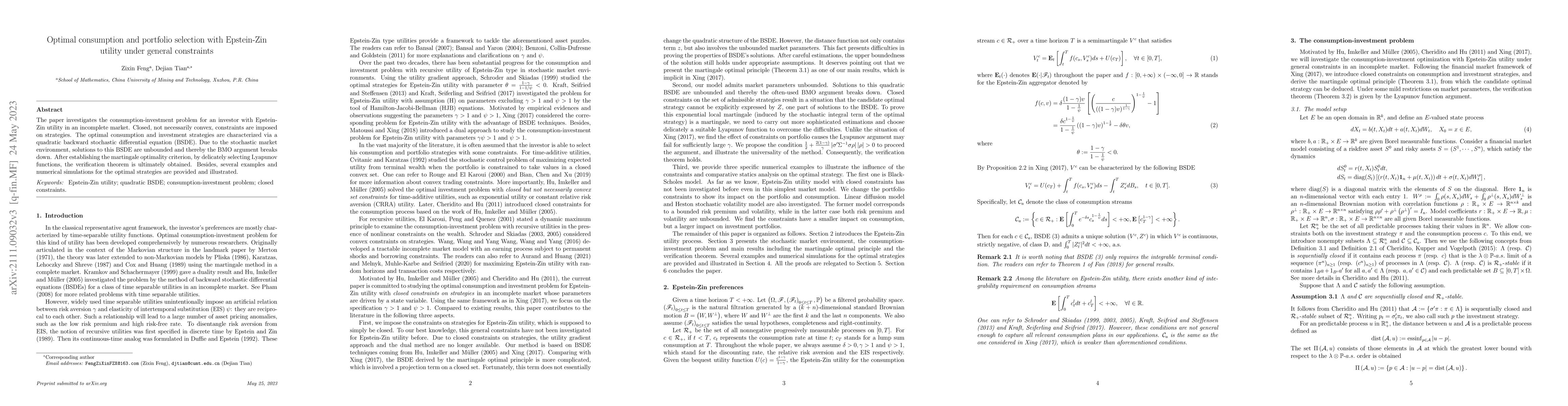 Thumbnail for Optimal consumption and portfolio selection with Epstein-Zin utility
  under general constraints