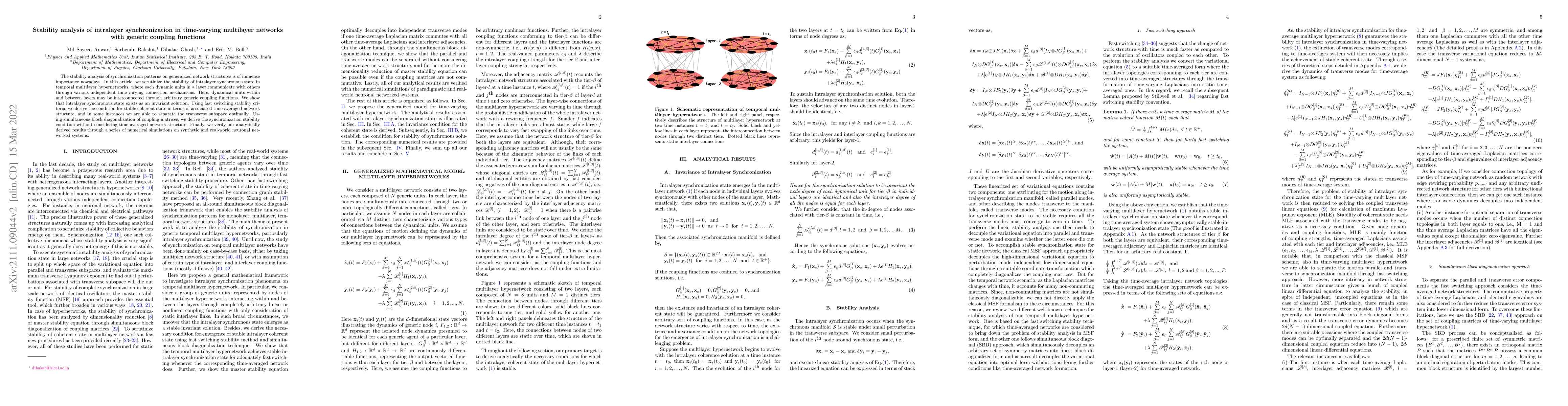 Thumbnail for Stability analysis of intralayer synchronization in time-varying
  multilayer networks with generic coupling functions