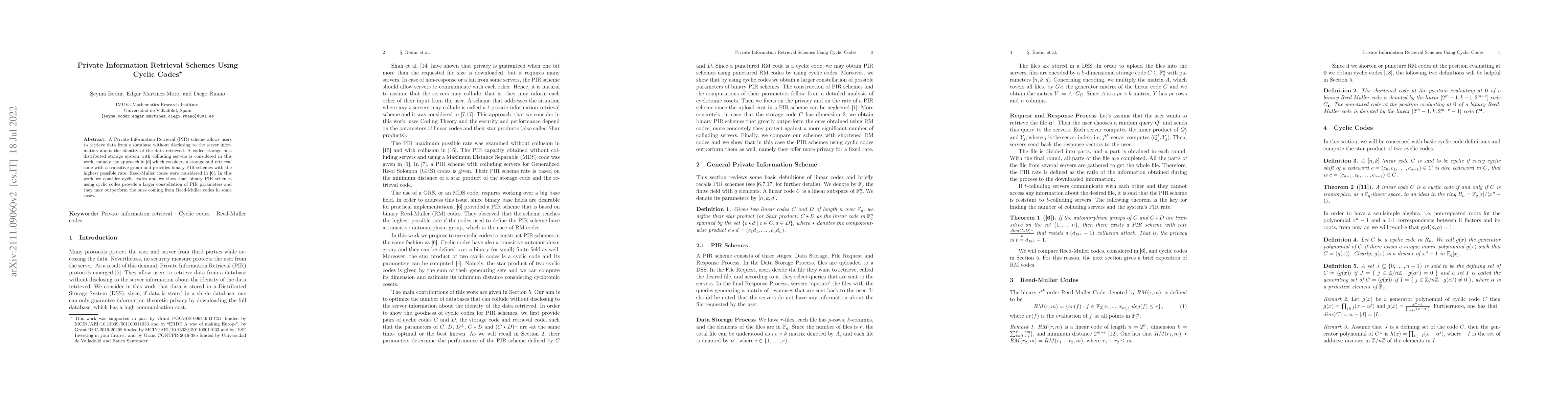 Thumbnail for Private Information Retrieval Schemes Using Cyclic Codes