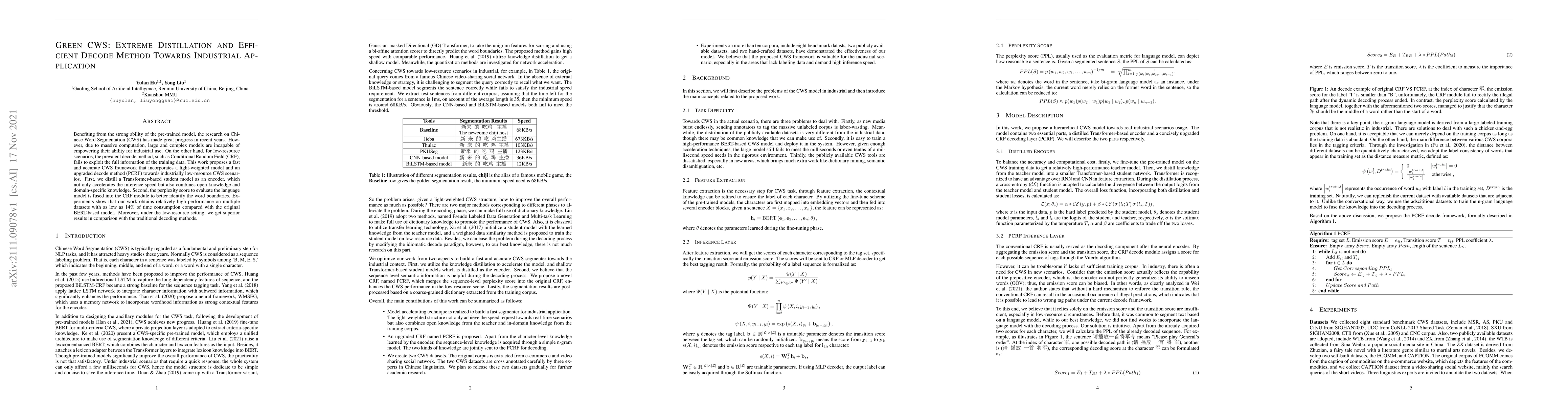 Thumbnail for Green CWS: Extreme Distillation and Efficient Decode Method Towards
  Industrial Application