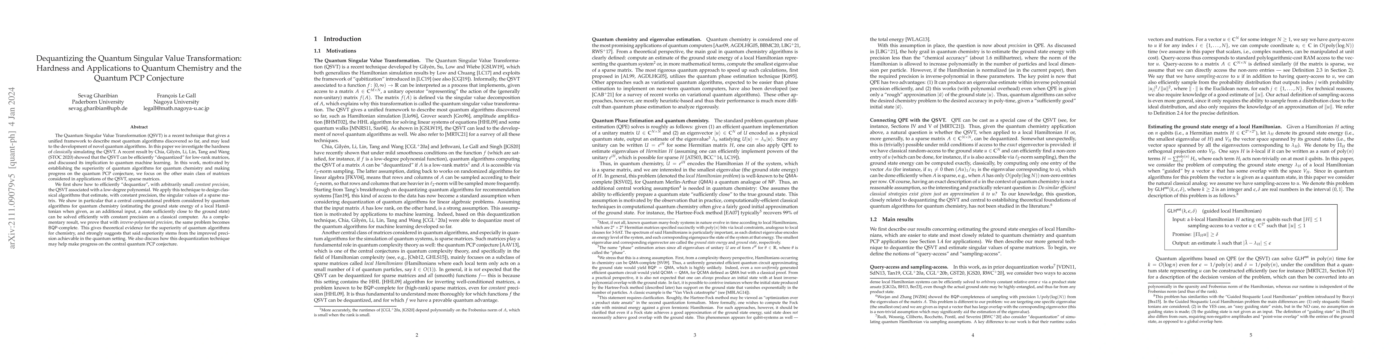 Thumbnail for Dequantizing the Quantum Singular Value Transformation: Hardness and
  Applications to Quantum Chemistry and the Quantum PCP Conjecture