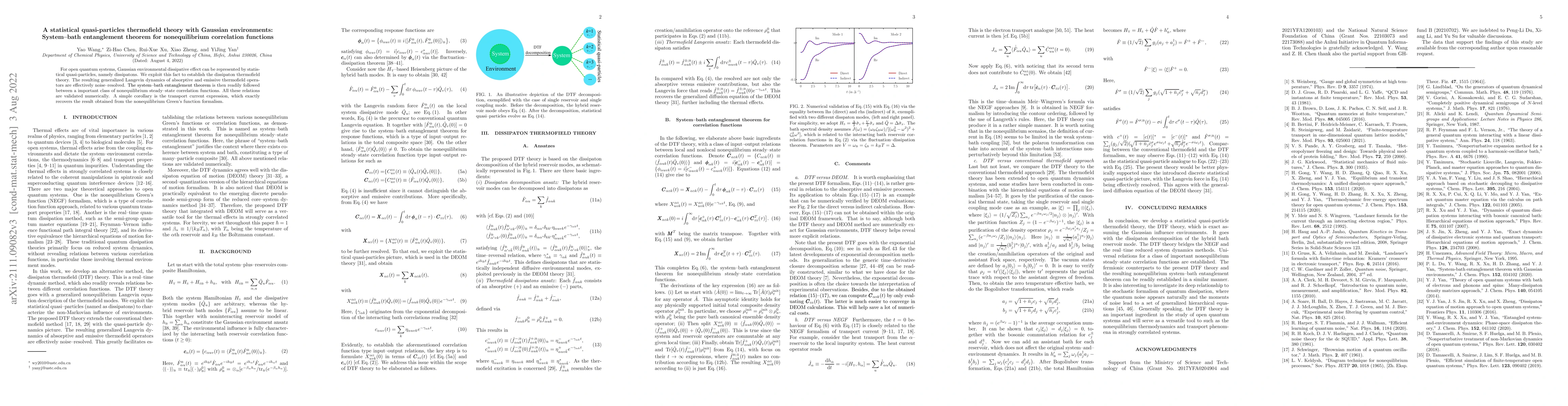 Thumbnail for A statistical quasi-particles thermofield theory with Gaussian
  environments: System-bath entanglement theorem for nonequilibrium correlation
  functions