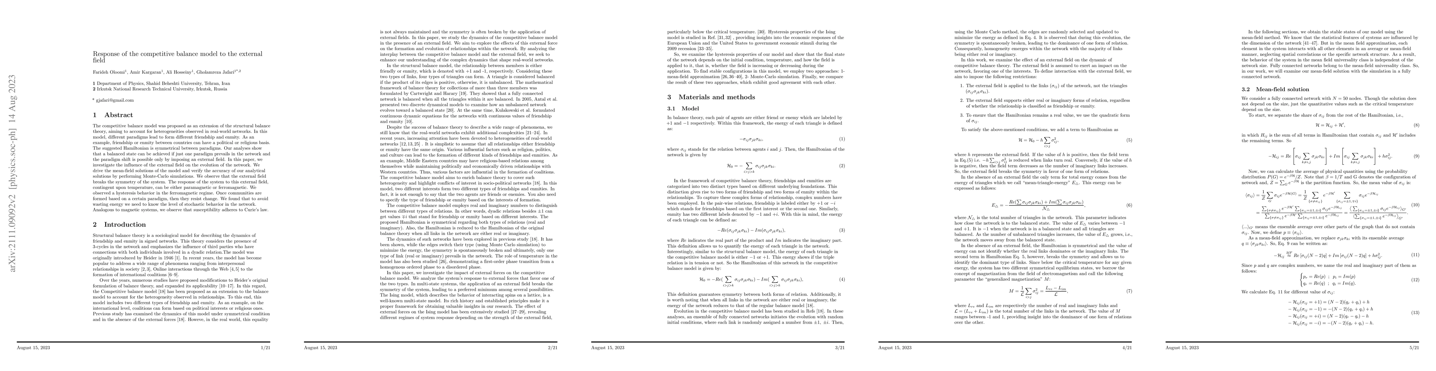 Thumbnail for Response of the competitive balance model to the external field