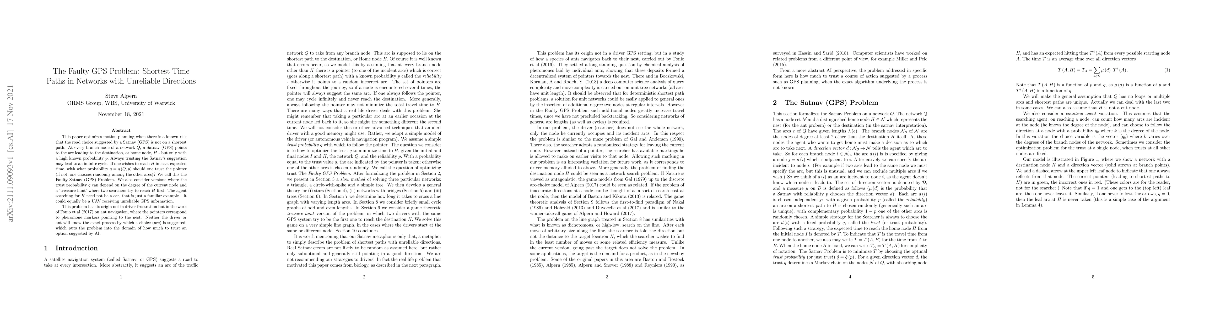 Thumbnail for The Faulty GPS Problem: Shortest Time Paths in Networks with Unreliable
  Directions