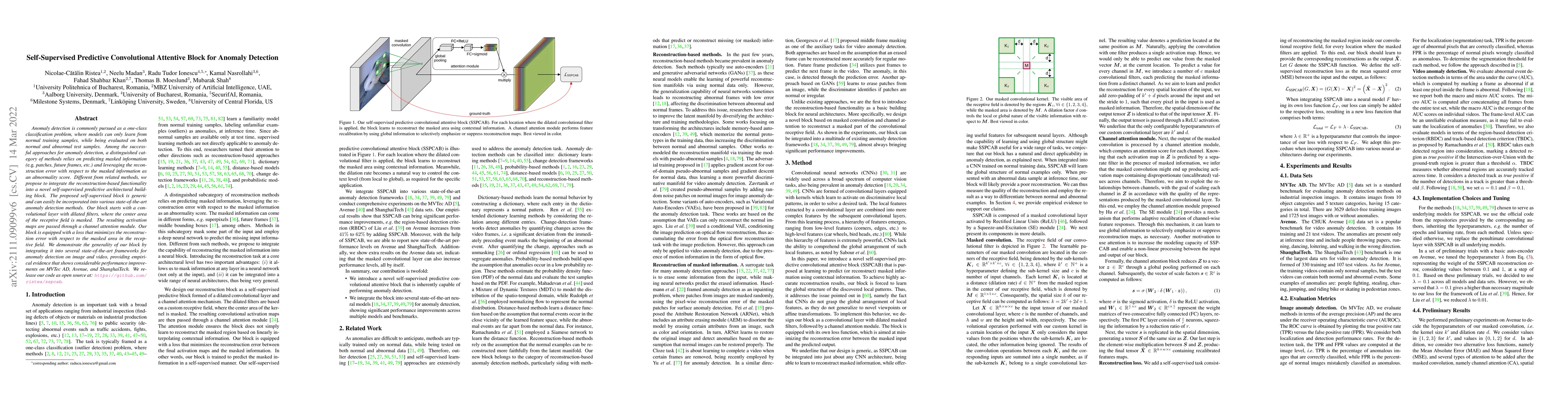 Thumbnail for Self-Supervised Predictive Convolutional Attentive Block for Anomaly
  Detection