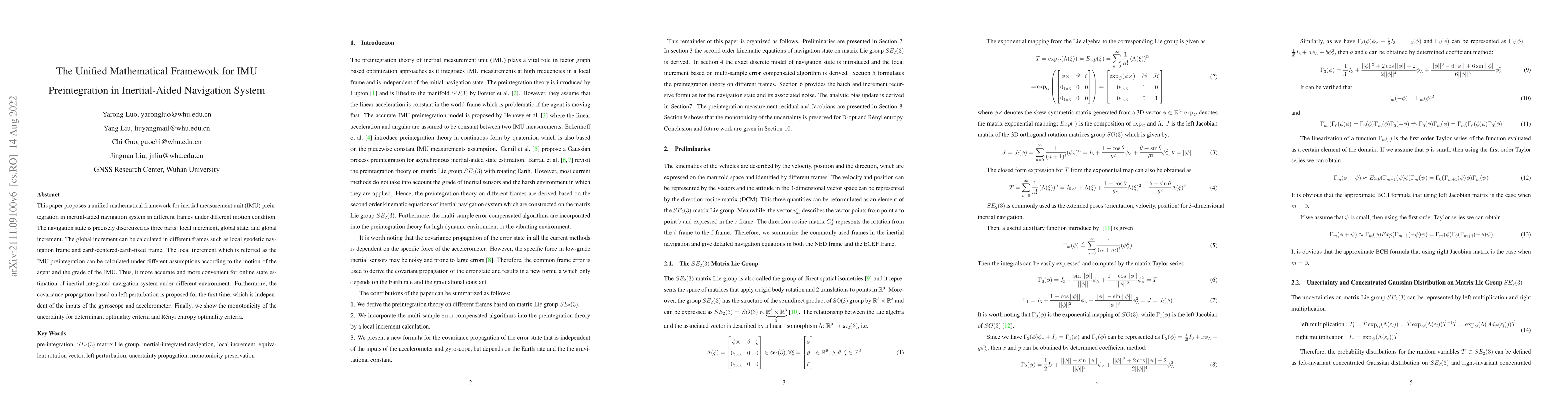 Thumbnail for The Unified Mathematical Framework for IMU Preintegration in
  Inertial-Aided Navigation System