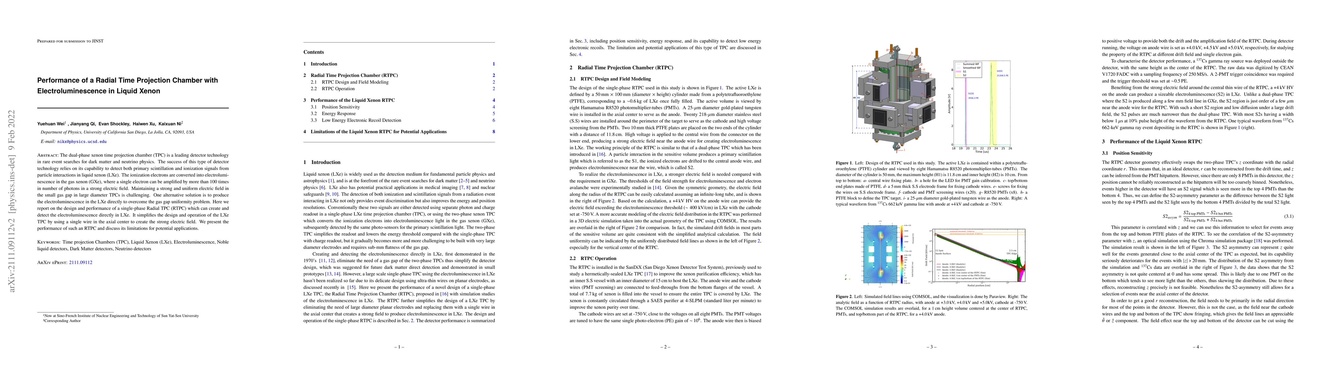 Thumbnail for Performance of a Radial Time Projection Chamber with Electroluminescence
  in Liquid Xenon
