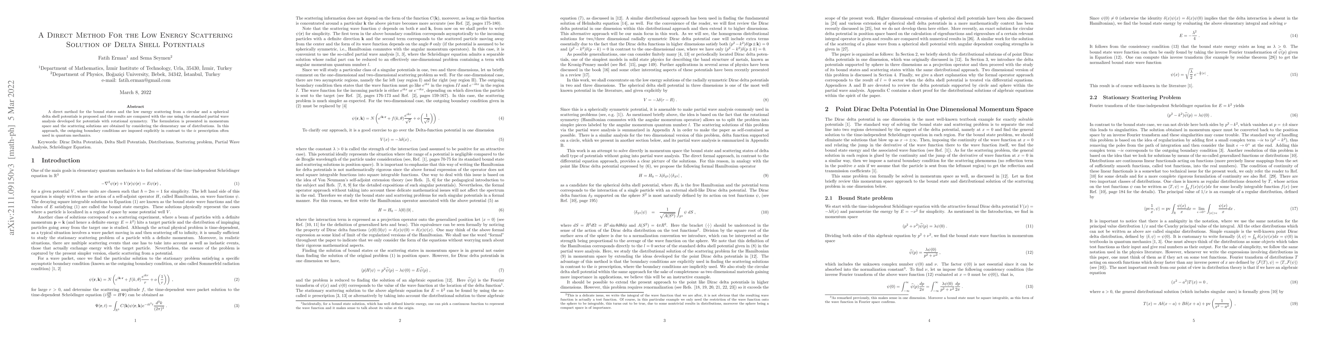 Thumbnail for A Direct Method For the Low Energy Scattering Solution of Delta Shell
  Potentials