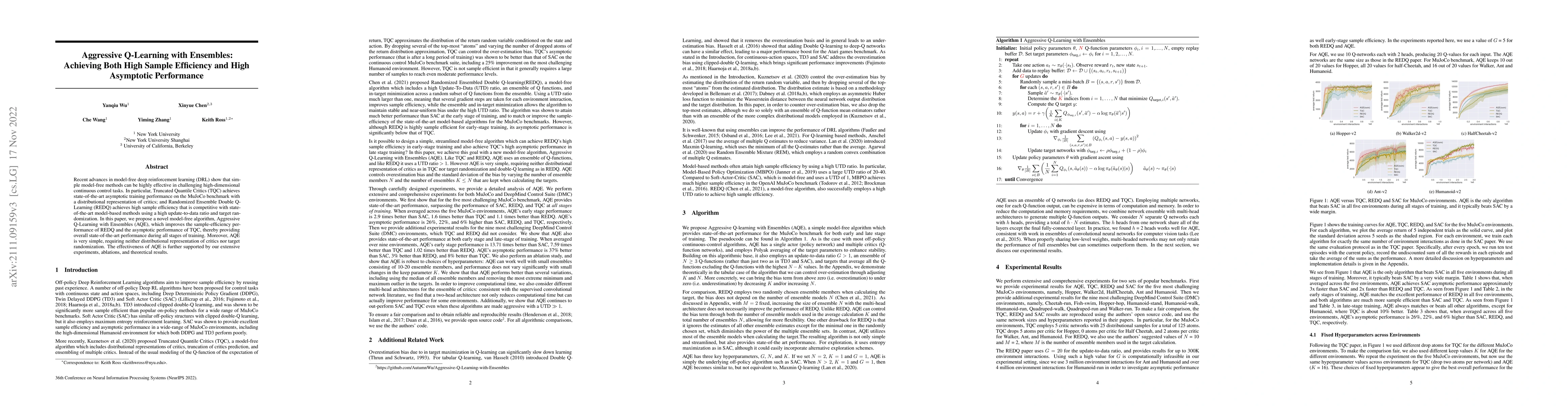 Thumbnail for Aggressive Q-Learning with Ensembles: Achieving Both High Sample
  Efficiency and High Asymptotic Performance